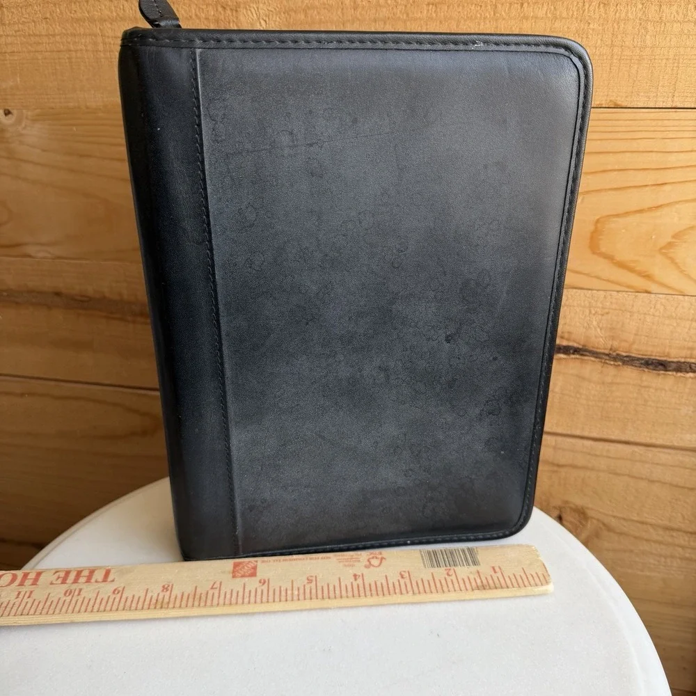 VTG Franklin Covey‎ Planner 7 Ring Leather Zip Around Classic Black Pockets